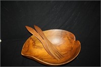 large wood bowl w/forks