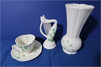 4 Beleek Pieces(Cup/Saucer/Vase/Harp Statue)