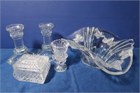 5 Crystal Pieces-Toothpick Holder, Candlesticks,