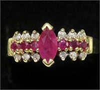 14K Yellow gold marquise and round cut ruby ring