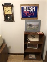 Bookcase, Assorted Pictures, Quartz Wall Clock,