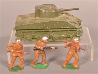 Vintage Metal M-4 Sherman Tank Toy & Three Soldier