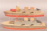 Two Keystone Painted Wood Boat Toys.