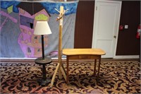 Desk, hall tree, lamp and table