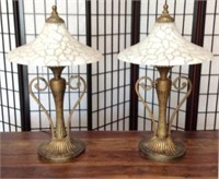 2 Glass Shaded Metal Base Lamps