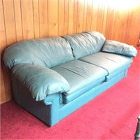 Teal Colored Leather Sofa, 90" Long