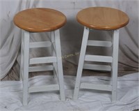 24" Tall Pair Of White & Natural Wood Stools