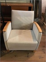 Tan Cloth side Chair maple wood arms, used