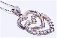 Double Heart Pendant Necklace Silver 925 18" 4.7g