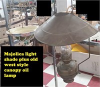 2 old light fixtures majolica & canopy oil lamp