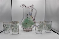 Vintage  Hand Painted Pitcher and Glasses