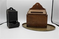 Antique Match Holder, wooden bin and metal tray