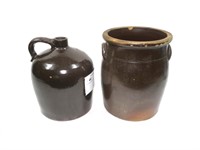 Lot: Brownware jug and crock