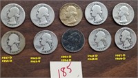 10 old US silver Washington quarters 1936-1964