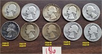 10 old US washington silver quarters 1936-1963