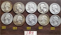 10 old US silver Washington quarters 1942-1956