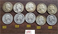 10 old US silver Washington quarters 1943-1959