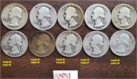 10 old US Washington silver quarters 1939-1959