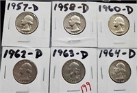 6 Washington US silver quarters higher grade