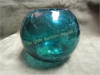 antique peacock  blue ball vase crackle glass