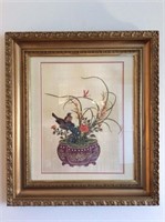Bird and flower print in gold frame 21“ x 24“