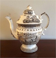 Staffordshire black transfer ware teapot