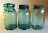 Three blue Ball canning jars, # 2, #3, #15.