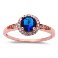 Rose Gold-plate Halo Style Blue Sapphire & Cz Ring