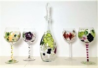 Hand Painted Decanter & Four Wine Stems