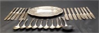 Estate lot of silver plate utensils, and a platter