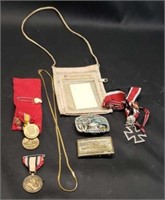 Estate lot of military medals, belt buckle, ect