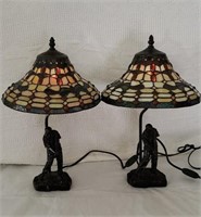 Pair Cast Figural Stained Glass Table Lamps