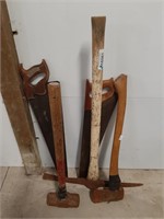 Pair Of Saws, Axe, Sledgehammer, And Pickaxe