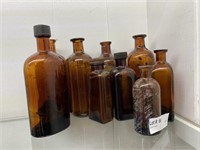 11 Assorted Size Amber Glass Medicine Bottles
