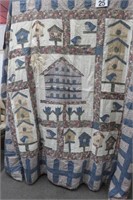 Large Hand Stitched Birdhouse Quilt - Some Damage