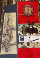2 pc. Chinese Scroll Watercolor & Palace Fan AS IS