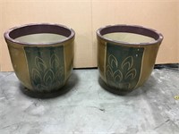 Pair Large Decorated Ceramic Flower Pots 1 of 2