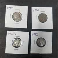 2 Buffalo Nickels, 2 Mercury Dimes