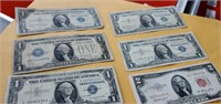5 $1 silver certificate dollar bills & 1 $2