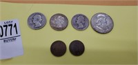 Indian head pennies '03 '06 , 3 quarters '39 '45