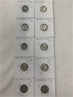 10 Mercury Dimes, Various Years/Grades 1916 - 1944