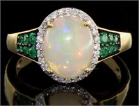 14kt Gold Natural Opal-Diamond-Emerald Ring