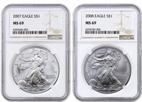 2007 & 2008 MS69 American Eagle Silver Dollar