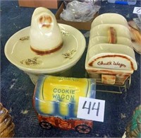 2 Chuck Wagon Cookie Jars, Chip/Dip Hat/Bowl