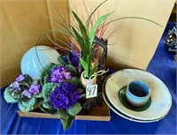 Silk Flowers, Raku Bowls, Light Globe