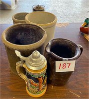 3 Crocks, Stoneware Pitcher, Stein, Canning Jar