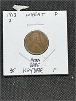 Extra Rare Key Date 1913 S Lincoln Wheat Cent  F