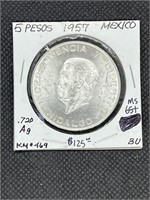 Rare 1957 Mexico Silver 5 Pesos BU MS65+ High Grde