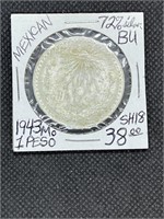Rare 1943 Mo Mexico Silver Un Peso BU MS+ High Gde