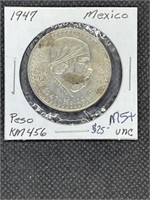 Rare 1947 Mexico Silver Un Peso MS+ High Grade